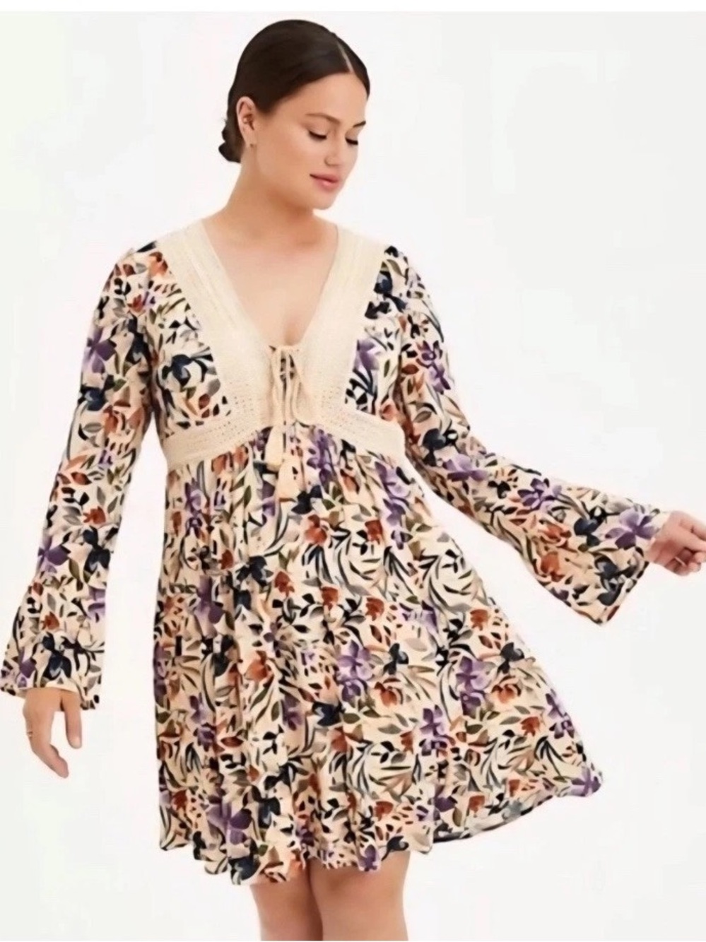 torrid NWT Sand Floral Lace Up Crochet Trim Bell Sleeve Boho Dress Size 2X